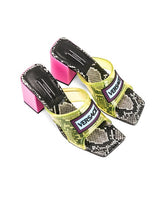 Versace Yellow PVC Logo Square Toe Block Heel Slide Sandals